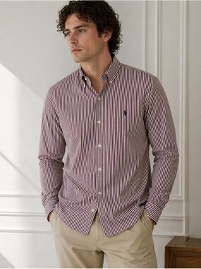 Ralph Lauren Men’s Burgundy and White Striped Button-Down Shirt 16 1/2 Long